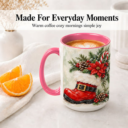 #pl[15oz|Pink] Santa Boot Christmas Accent Mug, Ceramic Cup with Poinsettia Art