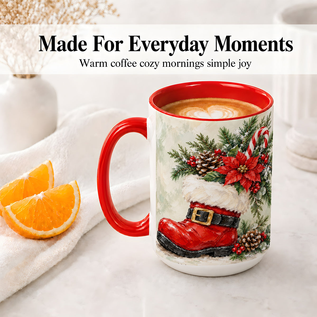 #pl[15oz|Red] Santa Boot Christmas Accent Mug, Ceramic Cup with Poinsettia Art