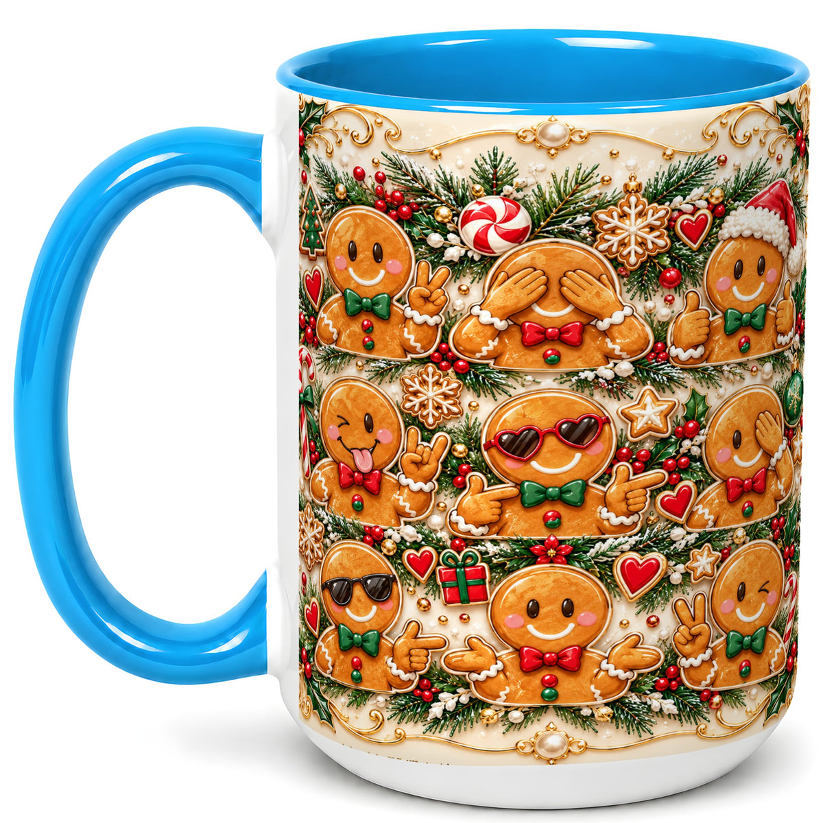 #pl[15oz|Blue] Gingerbread Christmas Coffee Mug, Holiday Cookie Mug, Ceramic Cup