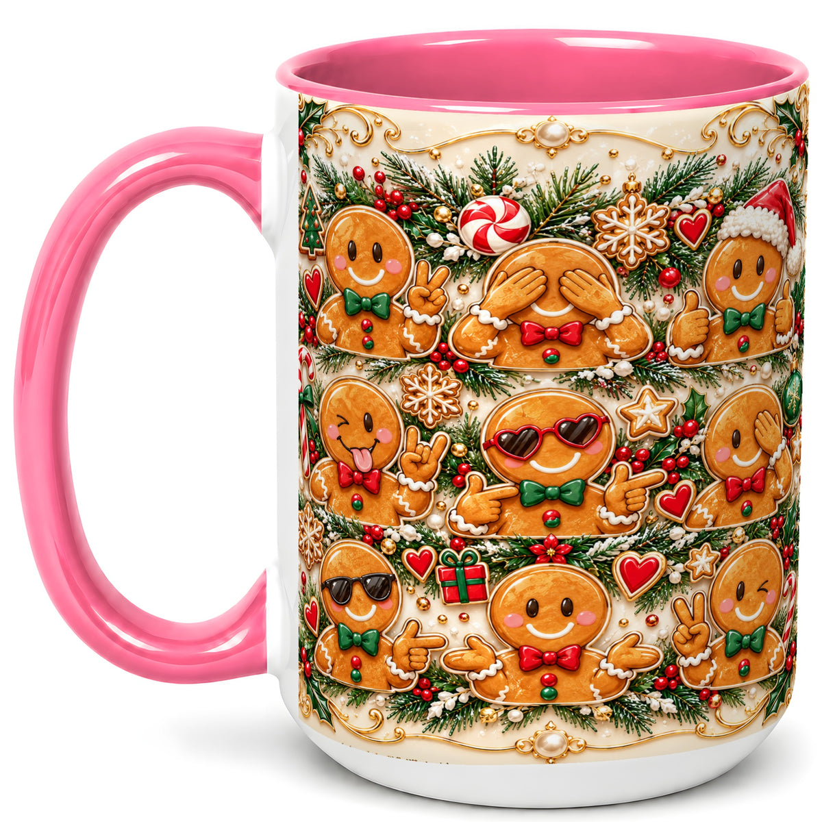 #pl[15oz|Pink] Gingerbread Christmas Coffee Mug, Holiday Cookie Mug, Ceramic Cup