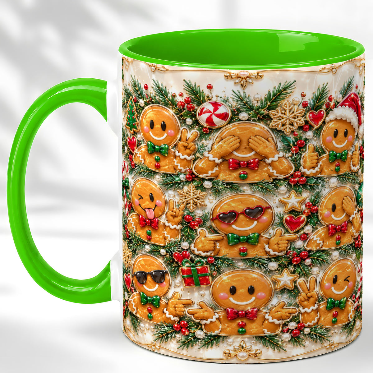 #pl[11oz|Green] Festive Gingerbread Coffee Mug, Christmas Cookie Mug, Ceramic Cup