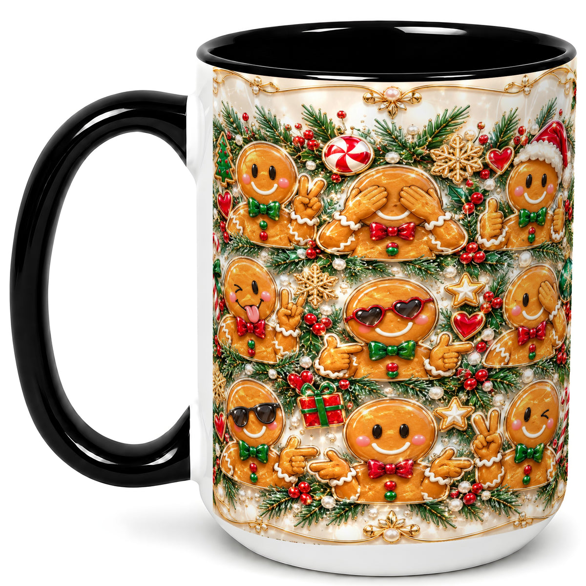 #pl[15oz|Black] Festive Gingerbread Coffee Mug, Christmas Cookie Mug, Ceramic Cup