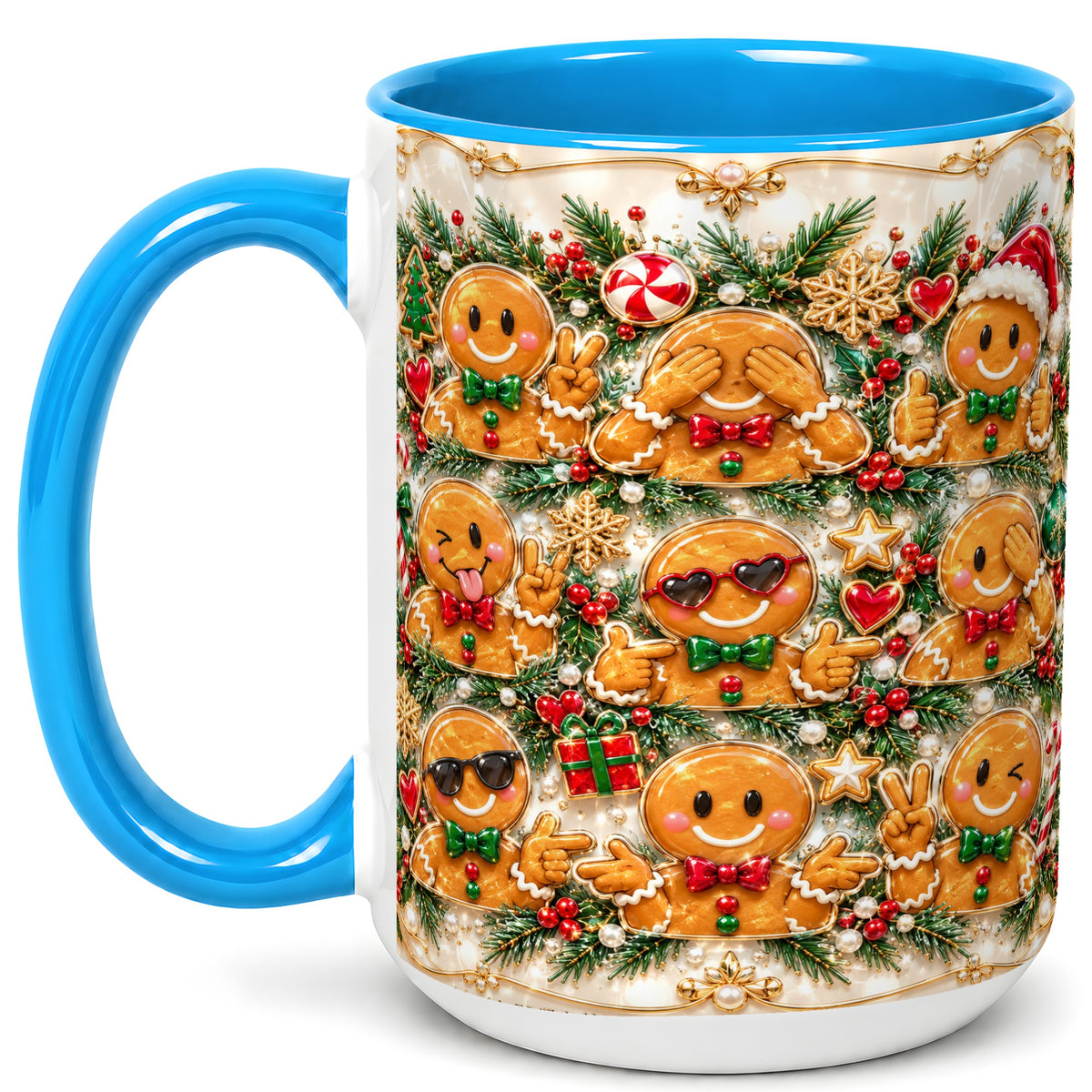#pl[15oz|Blue] Festive Gingerbread Coffee Mug, Christmas Cookie Mug, Ceramic Cup