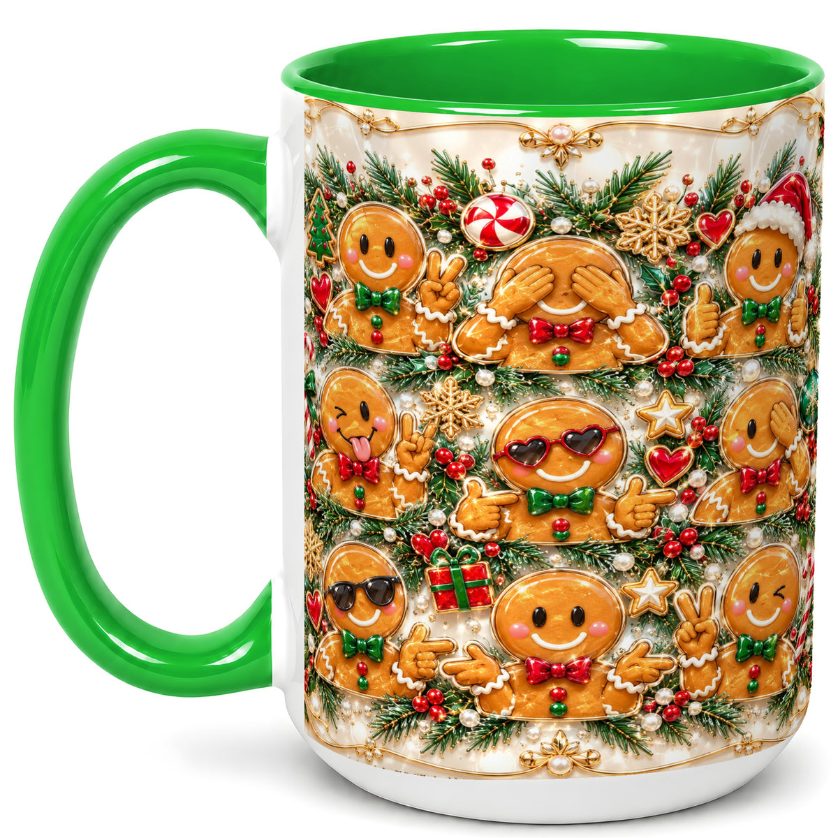 #pl[15oz|Green] Festive Gingerbread Coffee Mug, Christmas Cookie Mug, Ceramic Cup
