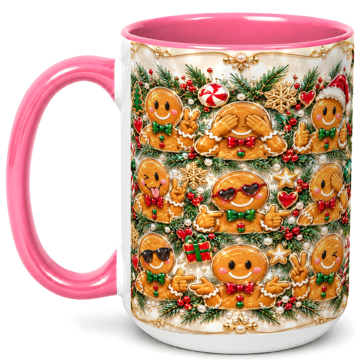 #pl[15oz|Pink] Festive Gingerbread Coffee Mug, Christmas Cookie Mug, Ceramic Cup