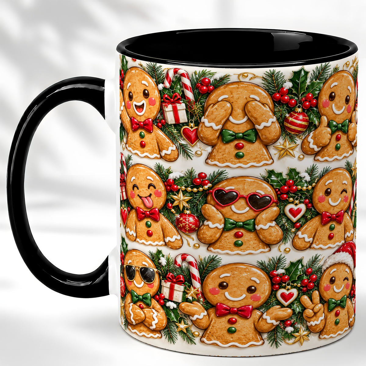 #pl[11oz|Black] Christmas Gingerbread Coffee Mug, Holiday Character Mug, Ceramic Cup