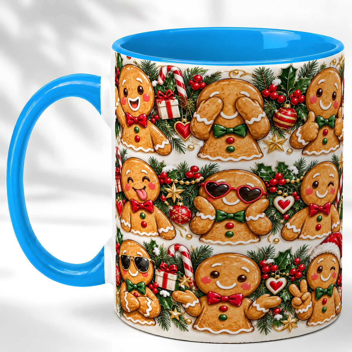 #pl[11oz|Blue] Christmas Gingerbread Coffee Mug, Holiday Character Mug, Ceramic Cup