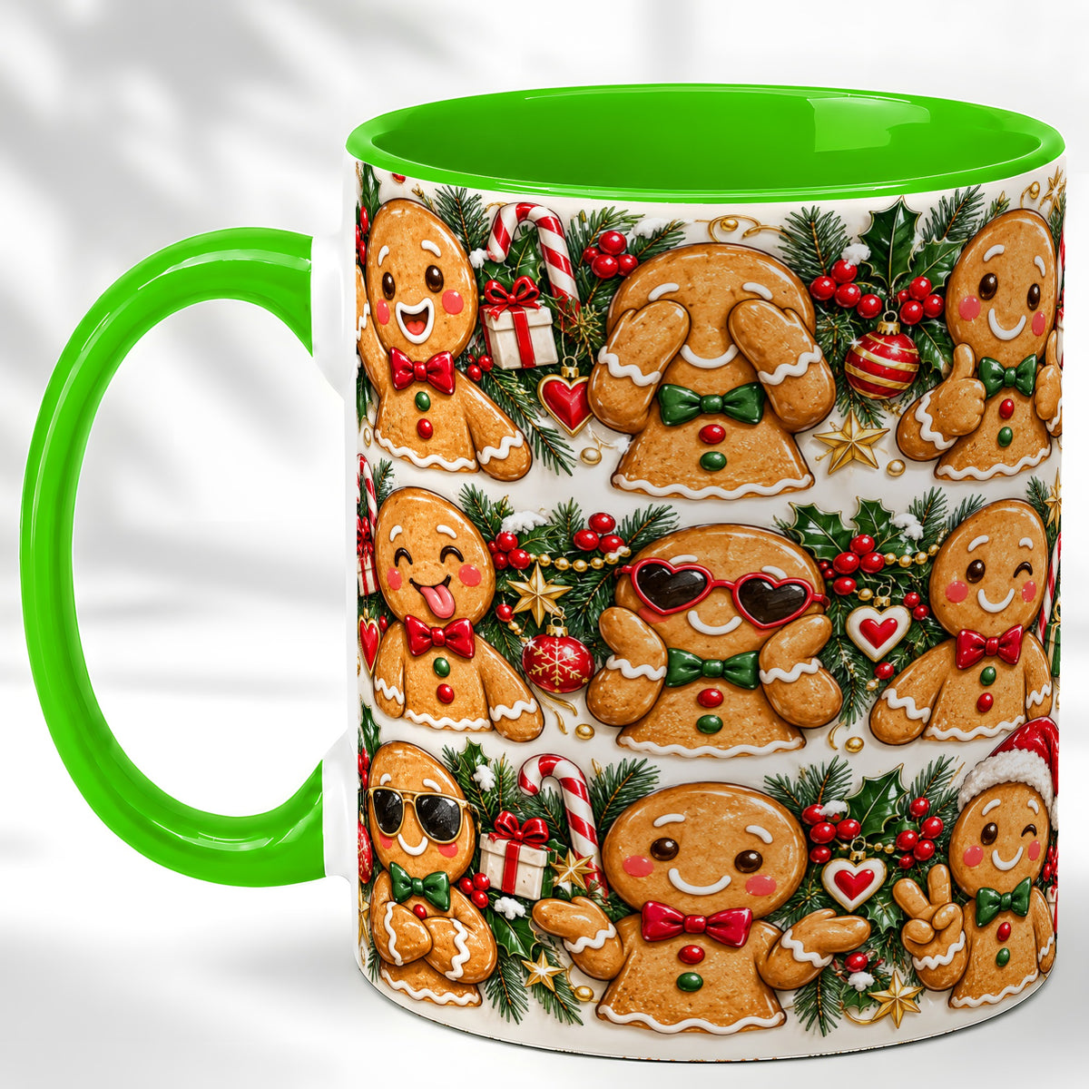 #pl[11oz|Green] Christmas Gingerbread Coffee Mug, Holiday Character Mug, Ceramic Cup