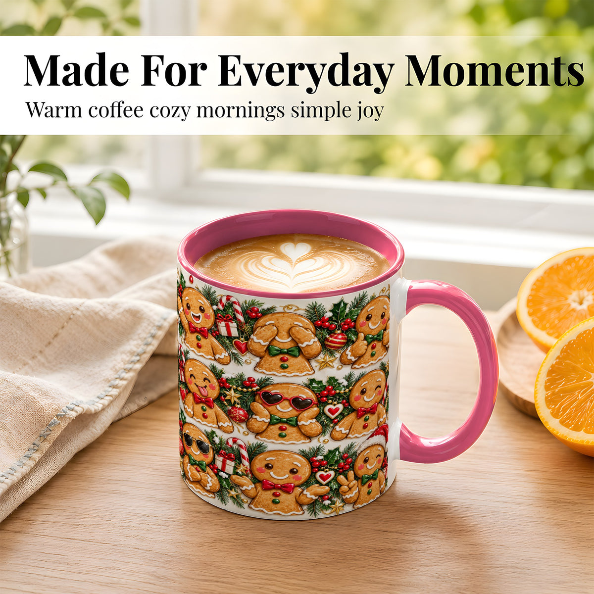 #pl[11oz|Pink] Christmas Gingerbread Coffee Mug, Holiday Character Mug, Ceramic Cup