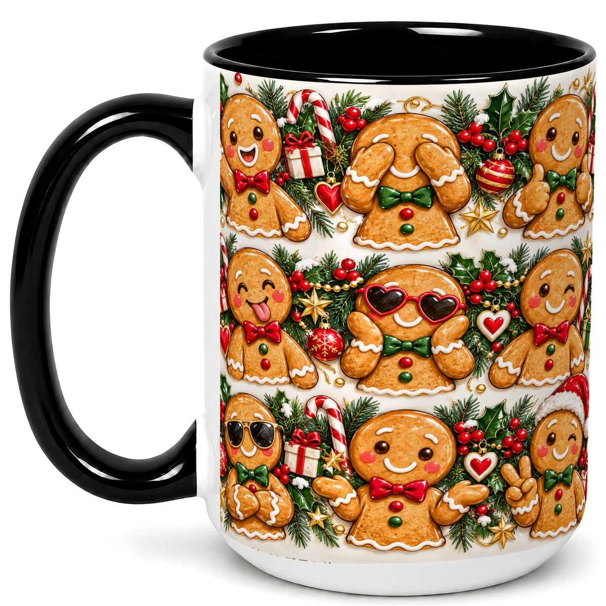 #pl[15oz|Black] Christmas Gingerbread Coffee Mug, Holiday Character Mug, Ceramic Cup