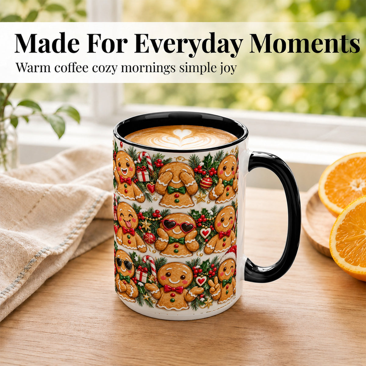 #pl[15oz|Black] Christmas Gingerbread Coffee Mug, Holiday Character Mug, Ceramic Cup