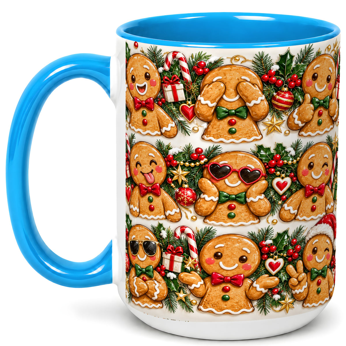 #pl[15oz|Blue] Christmas Gingerbread Coffee Mug, Holiday Character Mug, Ceramic Cup