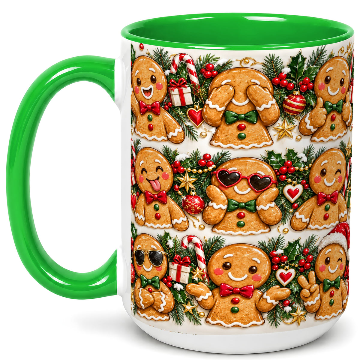 #pl[15oz|Green] Christmas Gingerbread Coffee Mug, Holiday Character Mug, Ceramic Cup