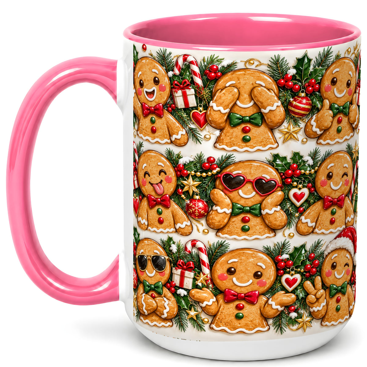 #pl[15oz|Pink] Christmas Gingerbread Coffee Mug, Holiday Character Mug, Ceramic Cup