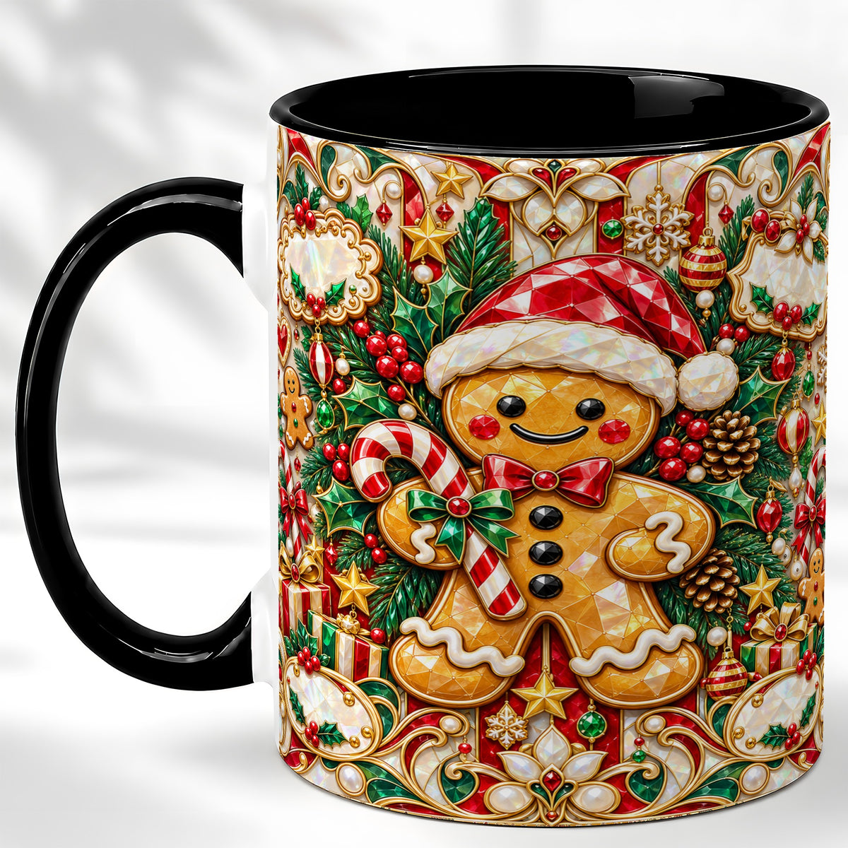 #pl[11oz|Black] Gem Gingerbread Coffee Mug, Christmas Santa Hat Mug, Ceramic Cup
