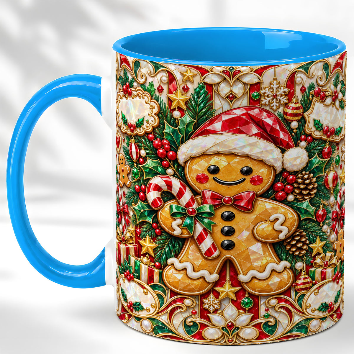 #pl[11oz|Blue] Gem Gingerbread Coffee Mug, Christmas Santa Hat Mug, Ceramic Cup