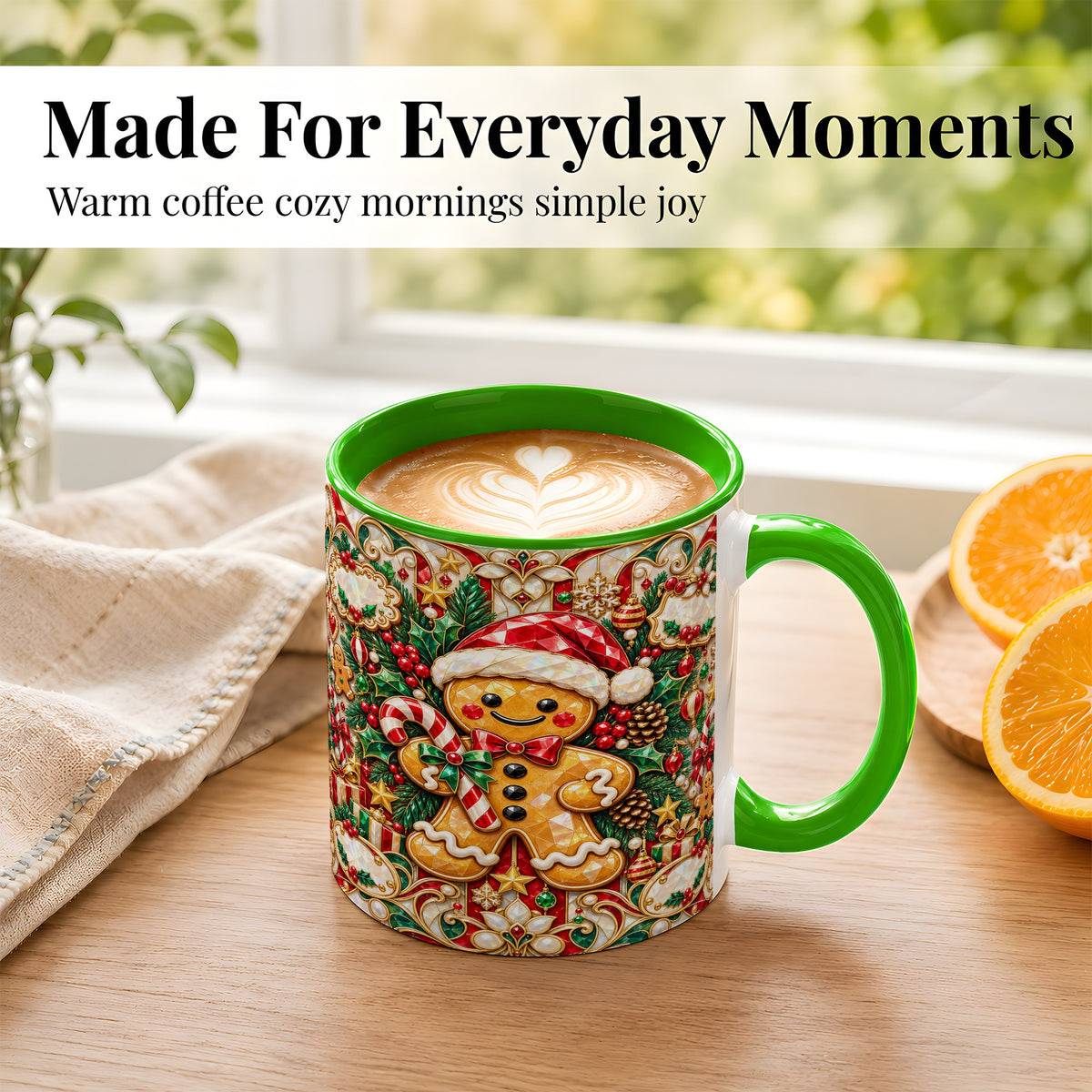 #pl[11oz|Green] Gem Gingerbread Coffee Mug, Christmas Santa Hat Mug, Ceramic Cup
