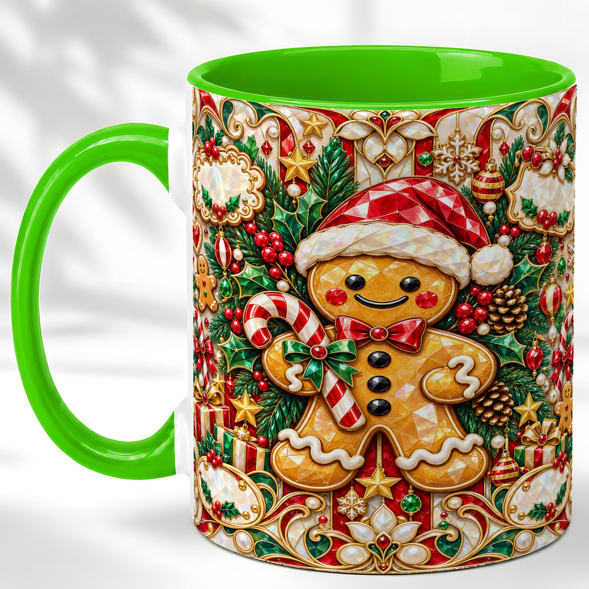 #pl[11oz|Green] Gem Gingerbread Coffee Mug, Christmas Santa Hat Mug, Ceramic Cup
