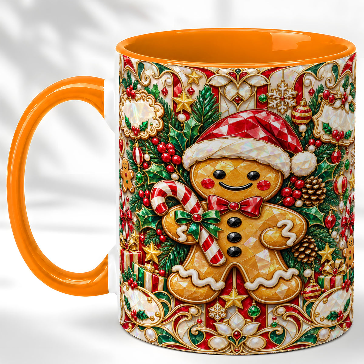 #pl[11oz|Orange] Gem Gingerbread Coffee Mug, Christmas Santa Hat Mug, Ceramic Cup