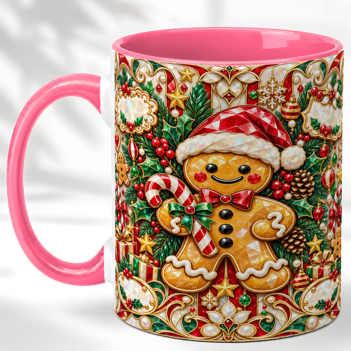 #pl[11oz|Pink] Gem Gingerbread Coffee Mug, Christmas Santa Hat Mug, Ceramic Cup