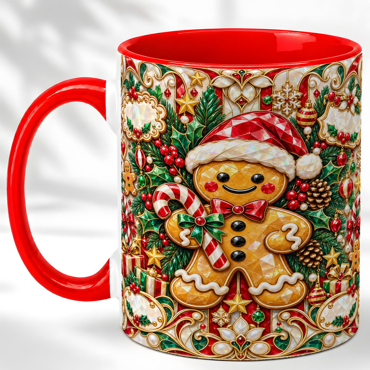 Gem Gingerbread Coffee Mug, Christmas Santa Hat Mug, Ceramic Cup