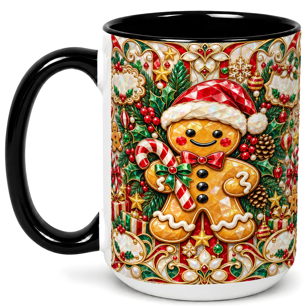 #pl[15oz|Black] Gem Gingerbread Coffee Mug, Christmas Santa Hat Mug, Ceramic Cup