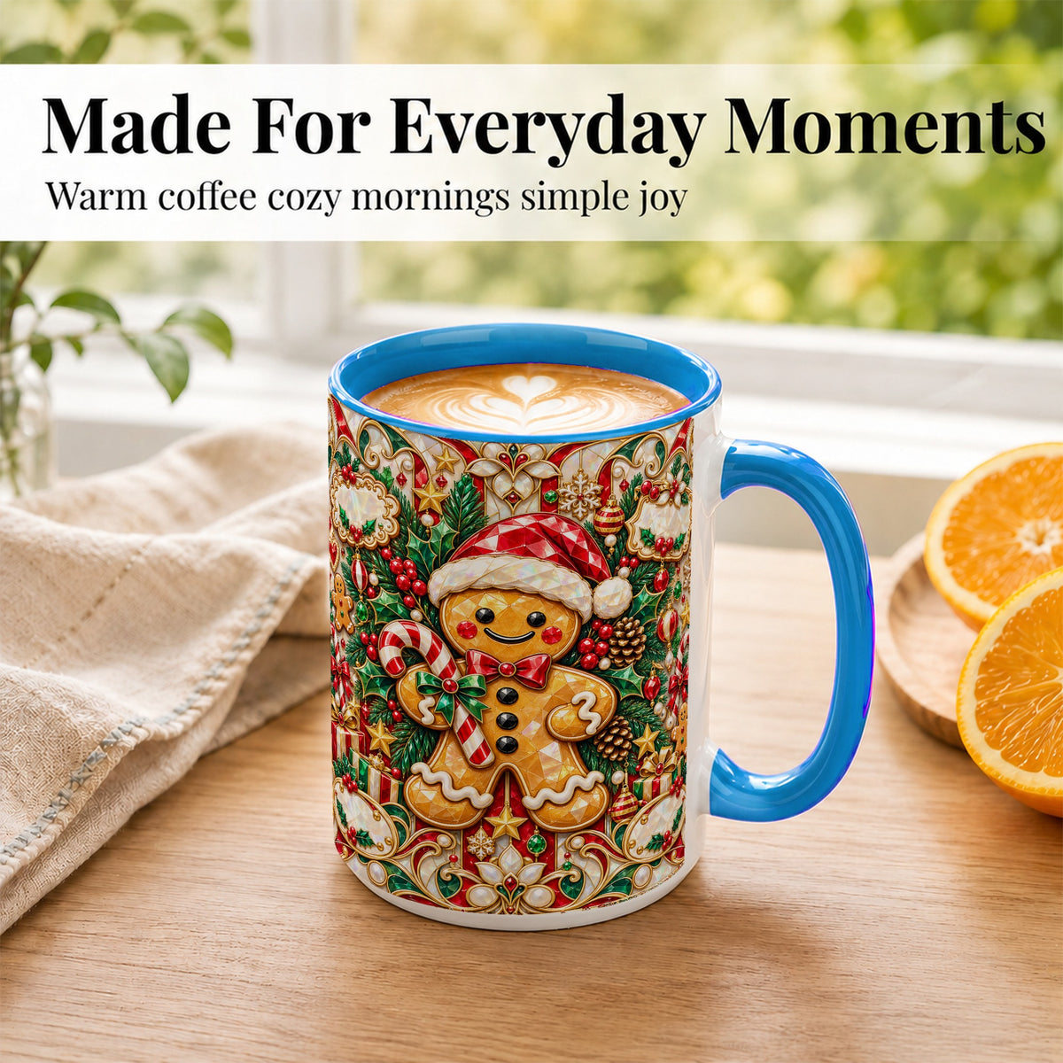#pl[15oz|Blue] Gem Gingerbread Coffee Mug, Christmas Santa Hat Mug, Ceramic Cup
