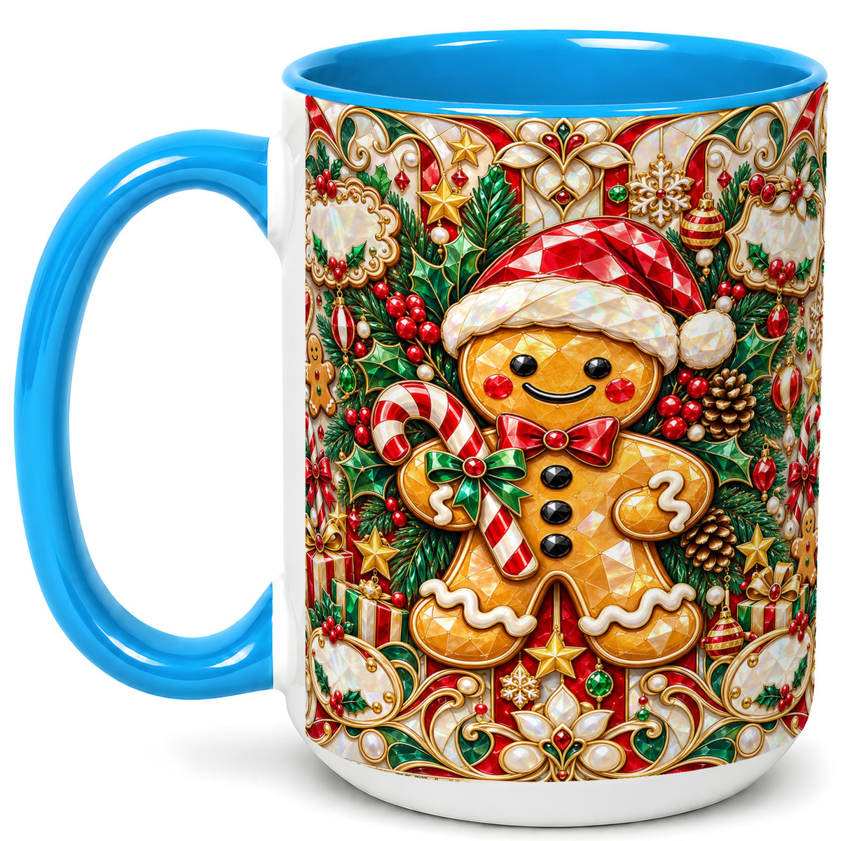 #pl[15oz|Blue] Gem Gingerbread Coffee Mug, Christmas Santa Hat Mug, Ceramic Cup
