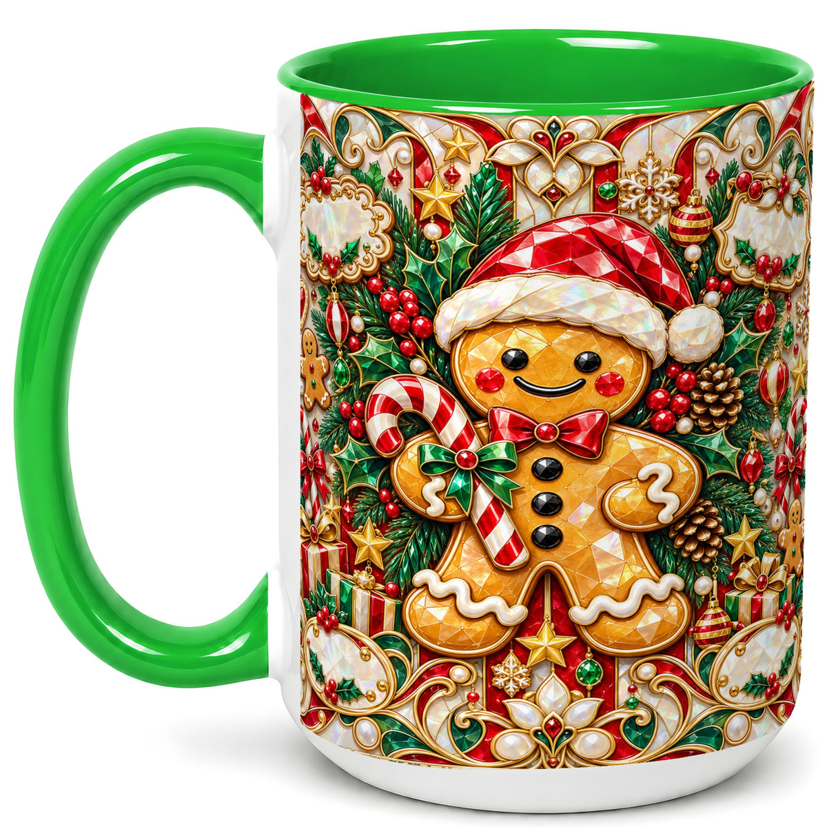 #pl[15oz|Green] Gem Gingerbread Coffee Mug, Christmas Santa Hat Mug, Ceramic Cup
