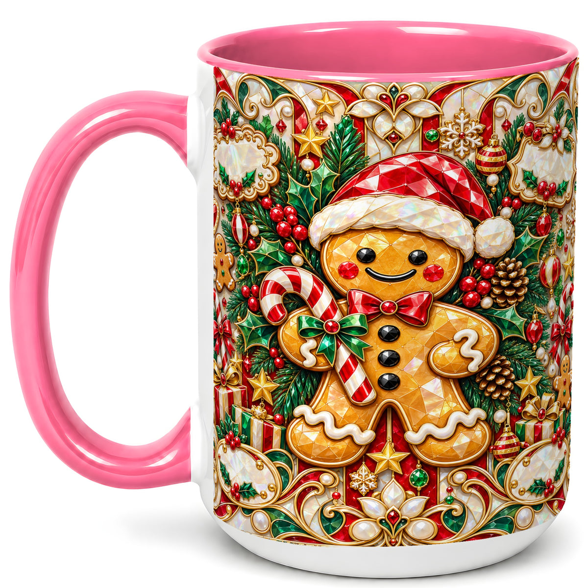 #pl[15oz|Pink] Gem Gingerbread Coffee Mug, Christmas Santa Hat Mug, Ceramic Cup