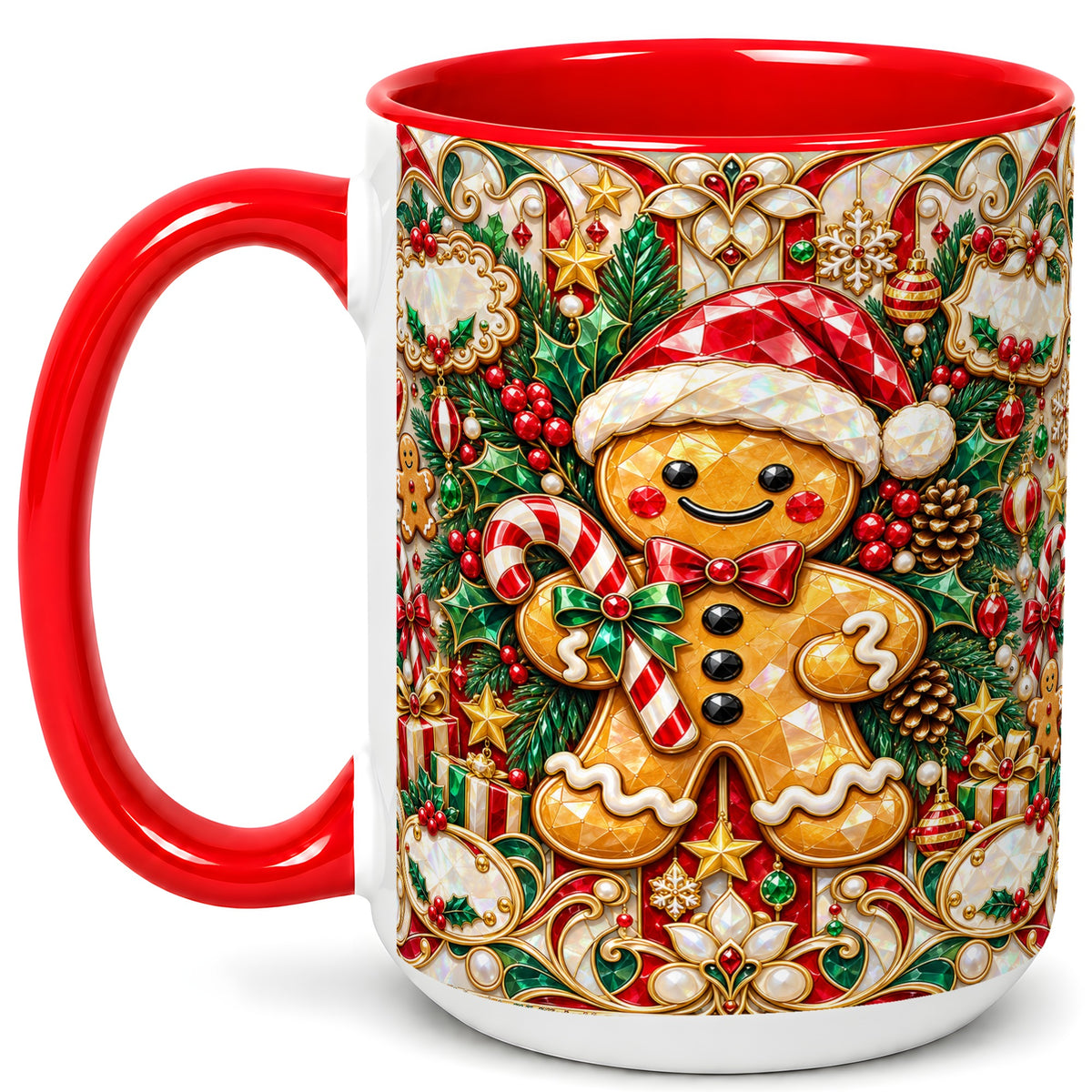 #pl[15oz|Red] Gem Gingerbread Coffee Mug, Christmas Santa Hat Mug, Ceramic Cup