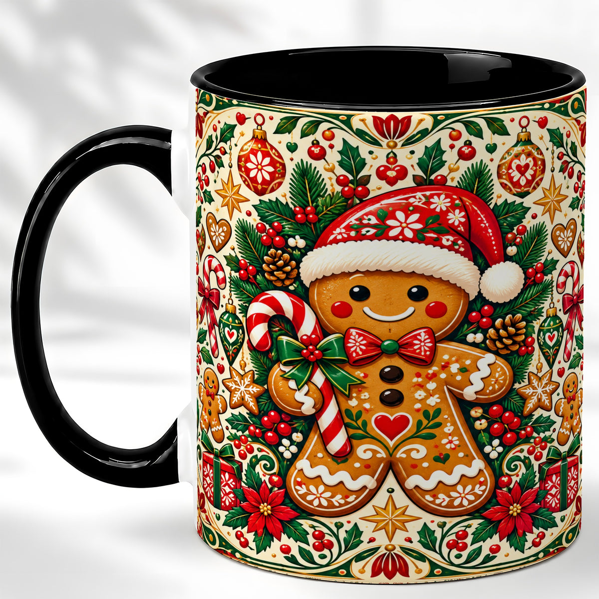 #pl[11oz|Black] Folk Gingerbread Coffee Mug, Christmas Cookie Mug, Ceramic Cup