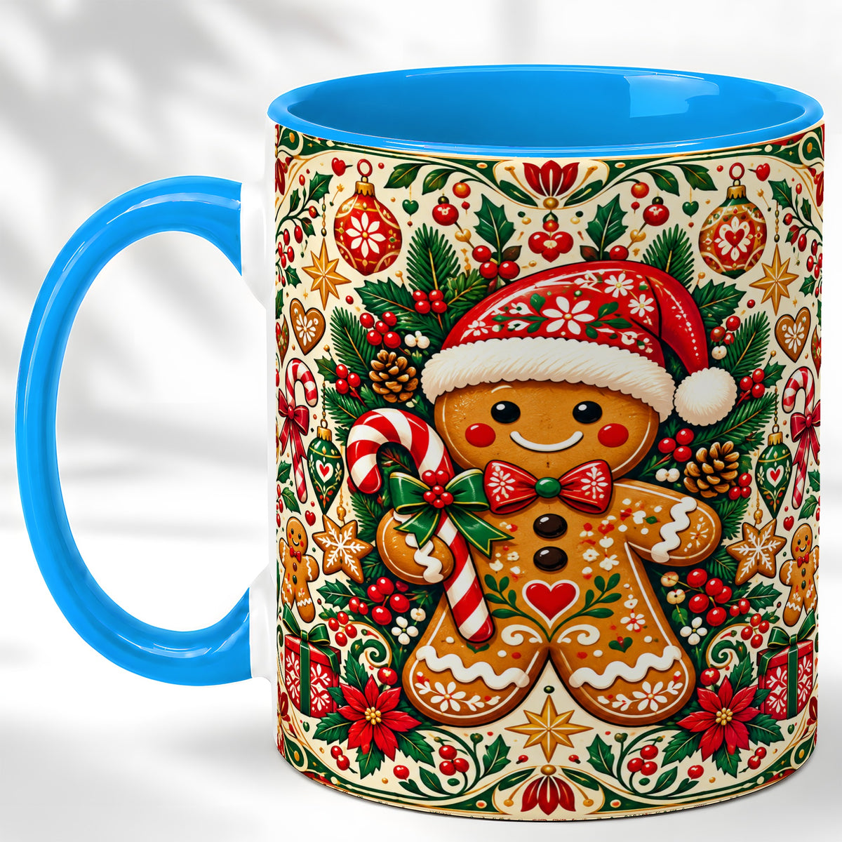 #pl[11oz|Blue] Folk Gingerbread Coffee Mug, Christmas Cookie Mug, Ceramic Cup