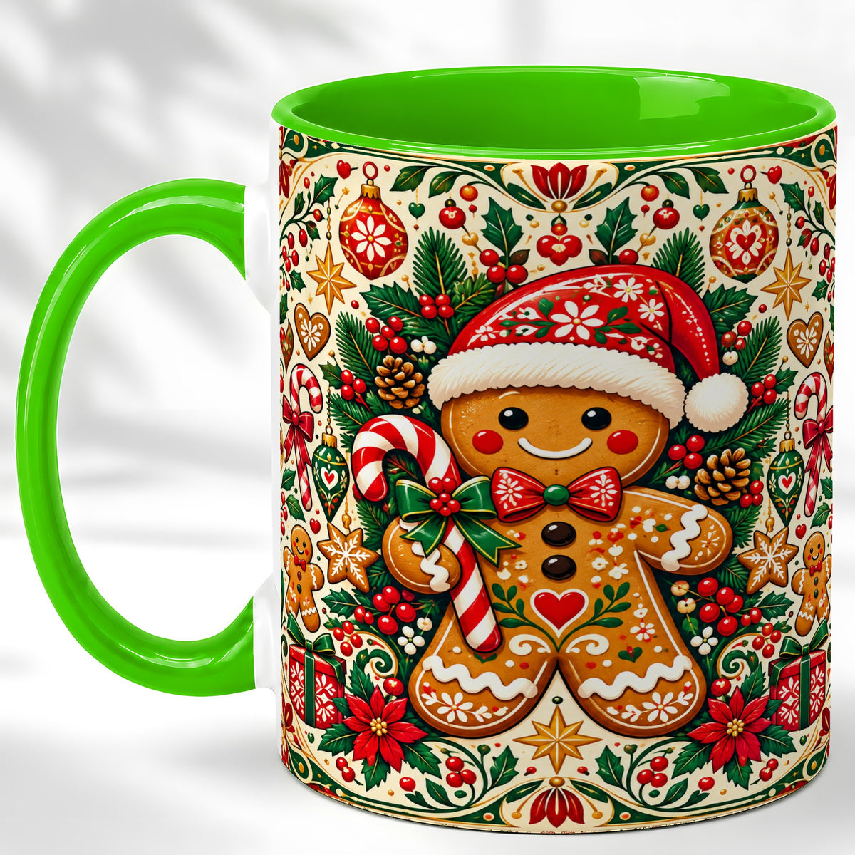 #pl[11oz|Green] Folk Gingerbread Coffee Mug, Christmas Cookie Mug, Ceramic Cup