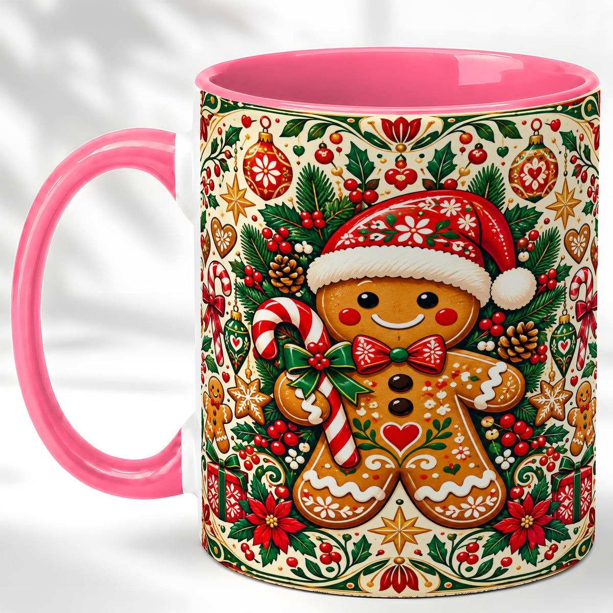 #pl[11oz|Pink] Folk Gingerbread Coffee Mug, Christmas Cookie Mug, Ceramic Cup