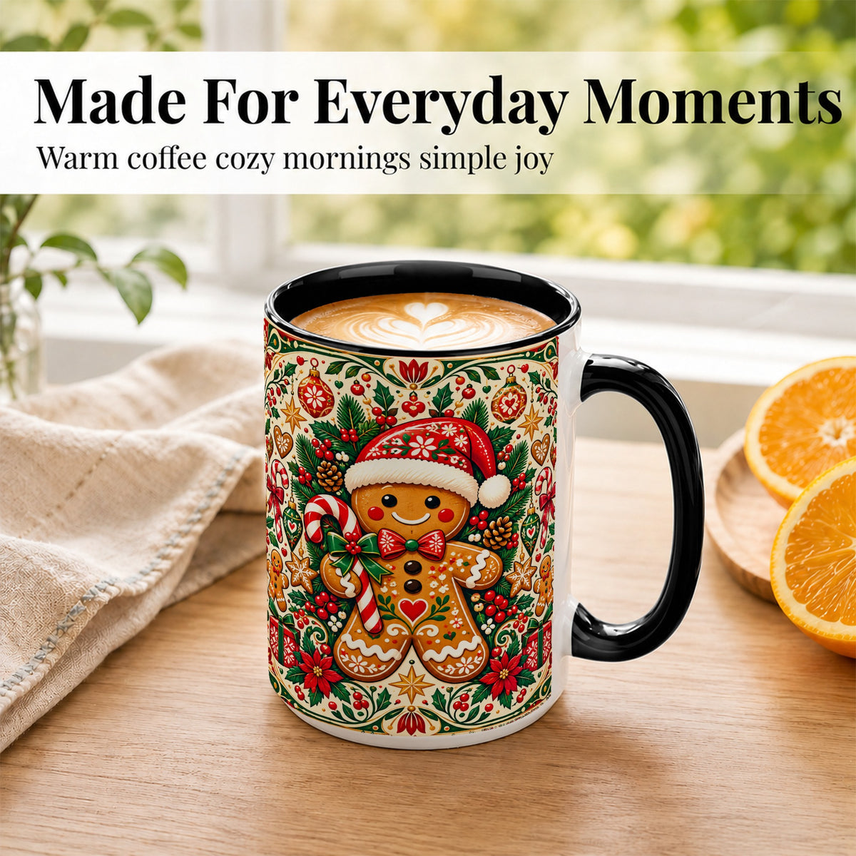 #pl[15oz|Black] Folk Gingerbread Coffee Mug, Christmas Cookie Mug, Ceramic Cup
