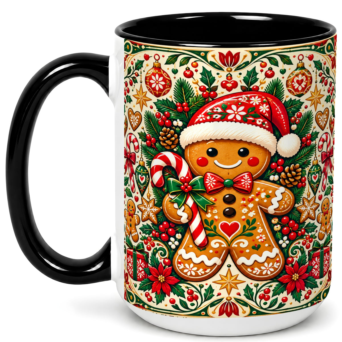 #pl[15oz|Black] Folk Gingerbread Coffee Mug, Christmas Cookie Mug, Ceramic Cup