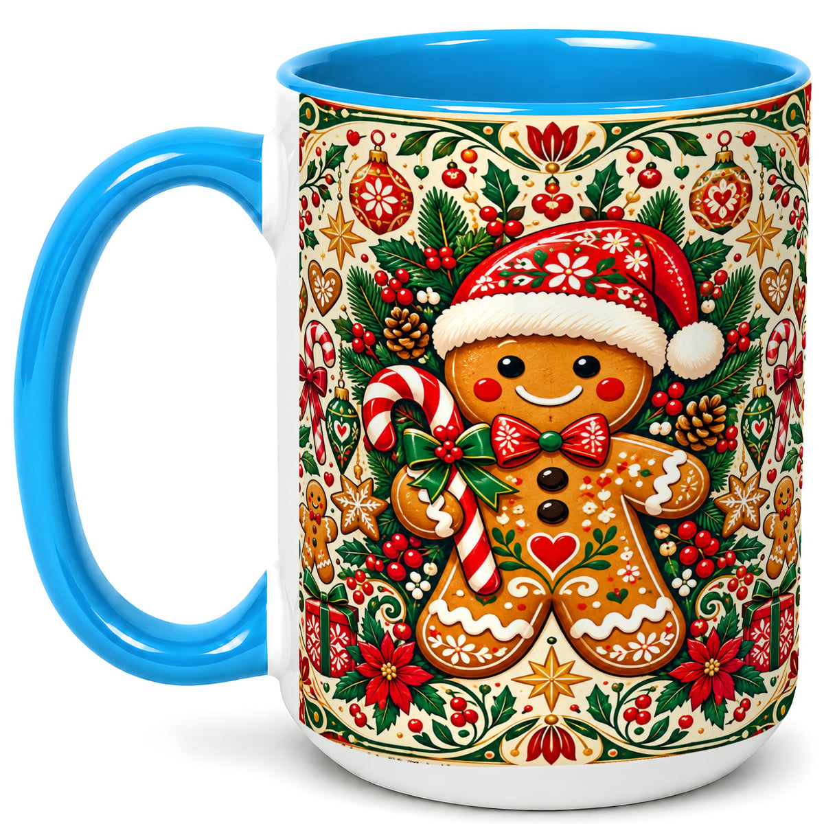 #pl[15oz|Blue] Folk Gingerbread Coffee Mug, Christmas Cookie Mug, Ceramic Cup