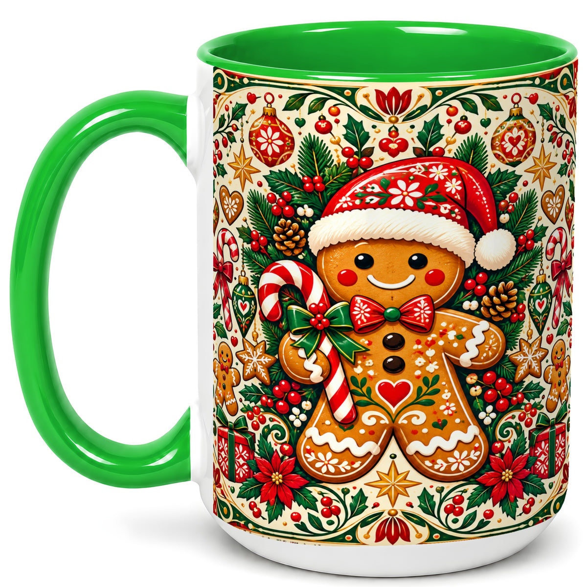 #pl[15oz|Green] Folk Gingerbread Coffee Mug, Christmas Cookie Mug, Ceramic Cup