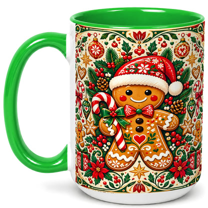 #pl[15oz|Green] Folk Gingerbread Coffee Mug, Christmas Cookie Mug, Ceramic Cup