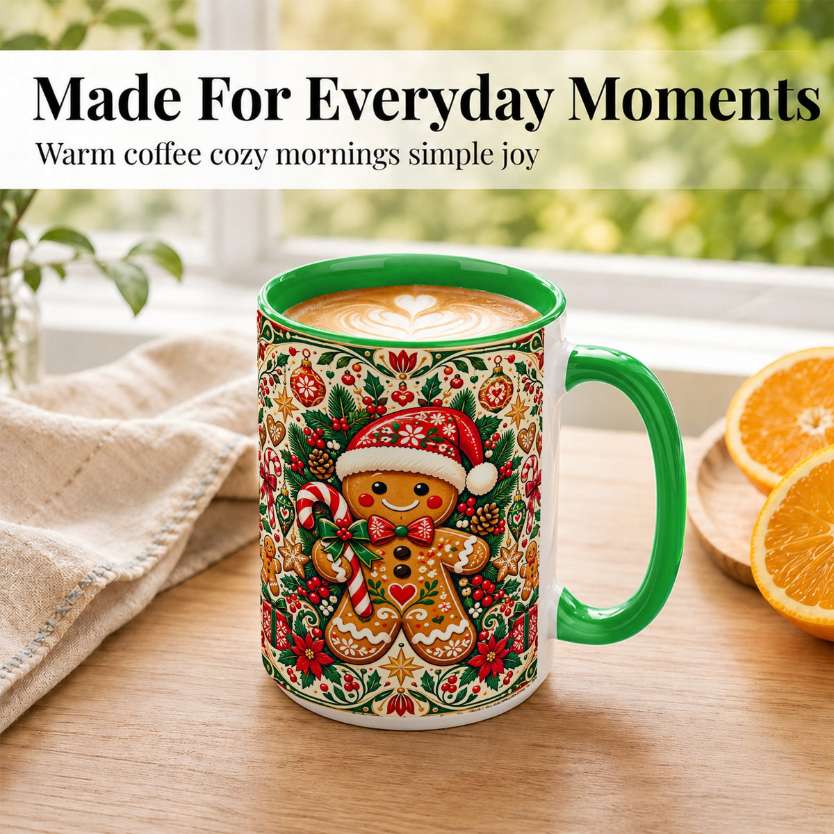 #pl[15oz|Green] Folk Gingerbread Coffee Mug, Christmas Cookie Mug, Ceramic Cup
