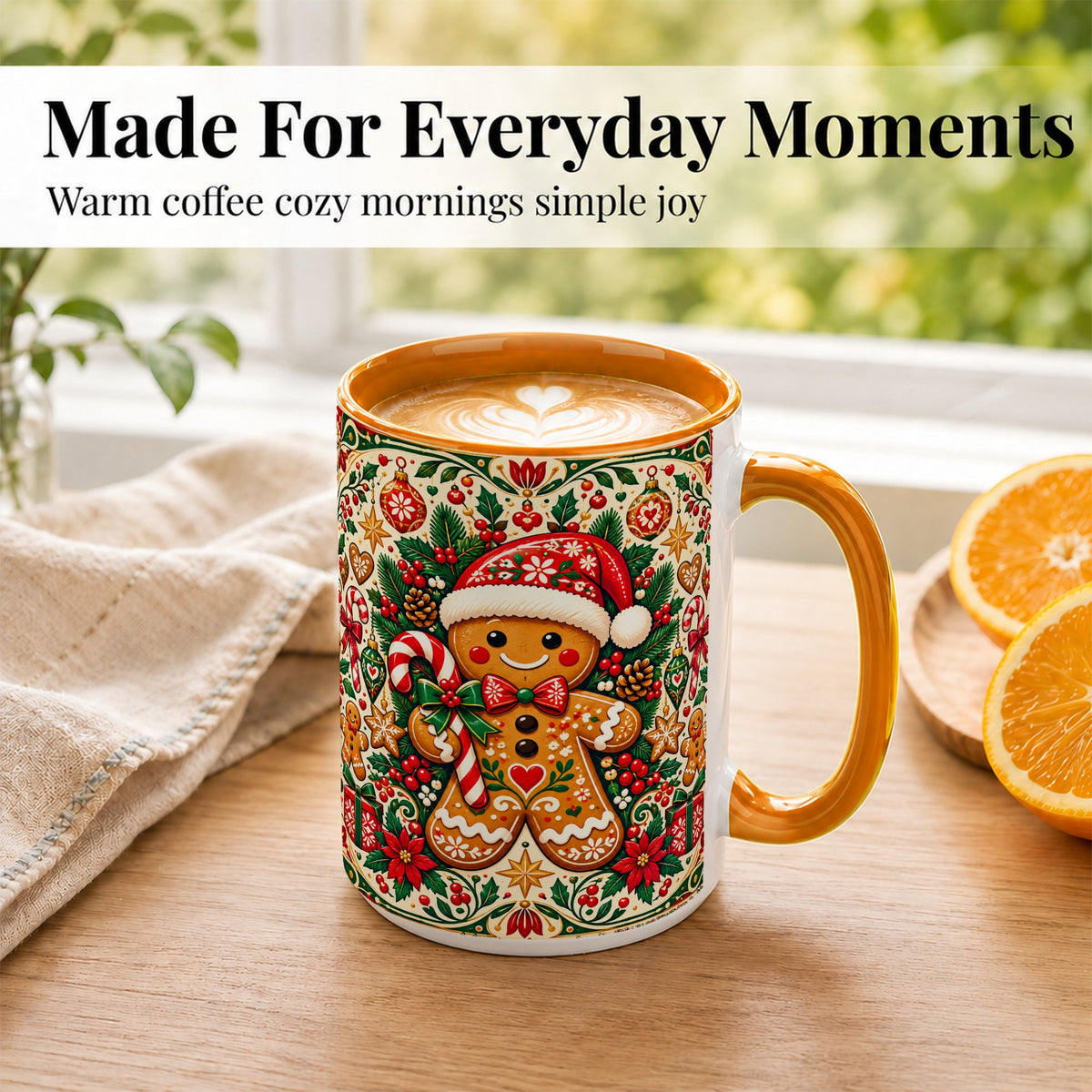 #pl[15oz|Orange] Folk Gingerbread Coffee Mug, Christmas Cookie Mug, Ceramic Cup