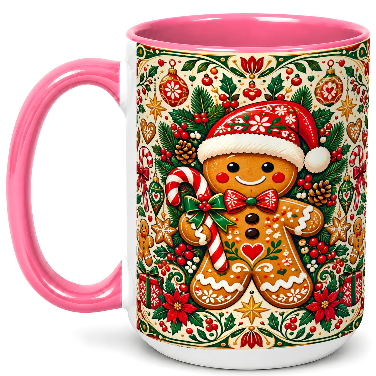 #pl[15oz|Pink] Folk Gingerbread Coffee Mug, Christmas Cookie Mug, Ceramic Cup