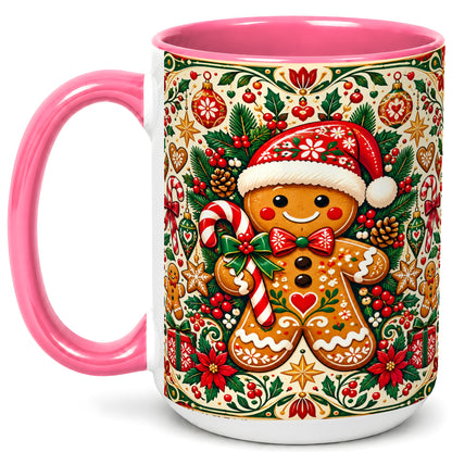 #pl[15oz|Pink] Folk Gingerbread Coffee Mug, Christmas Cookie Mug, Ceramic Cup