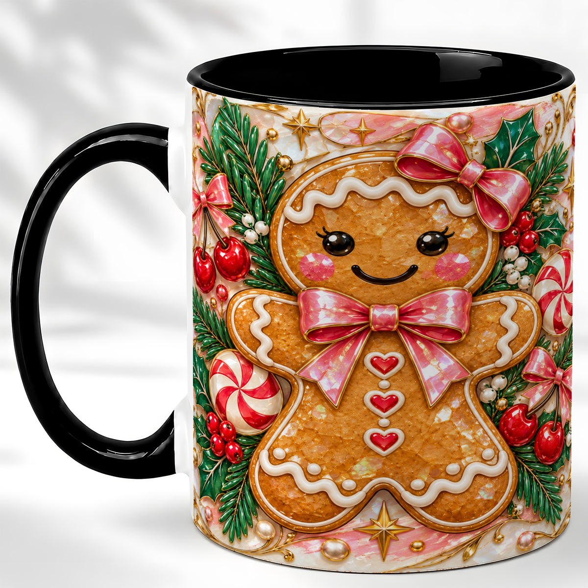 #pl[11oz|Black] Gingerbread Christmas Coffee Mug, Pink Bow Mug, Ceramic Cup