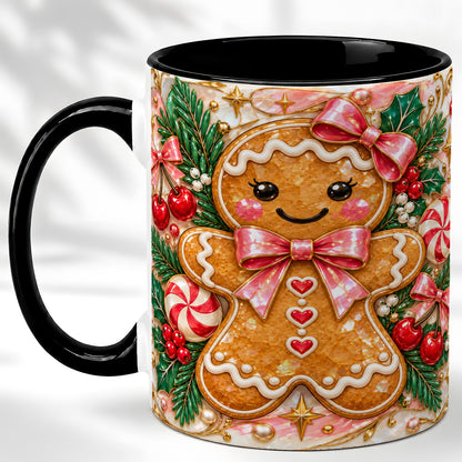 #pl[11oz|Black] Gingerbread Christmas Coffee Mug, Pink Bow Mug, Ceramic Cup