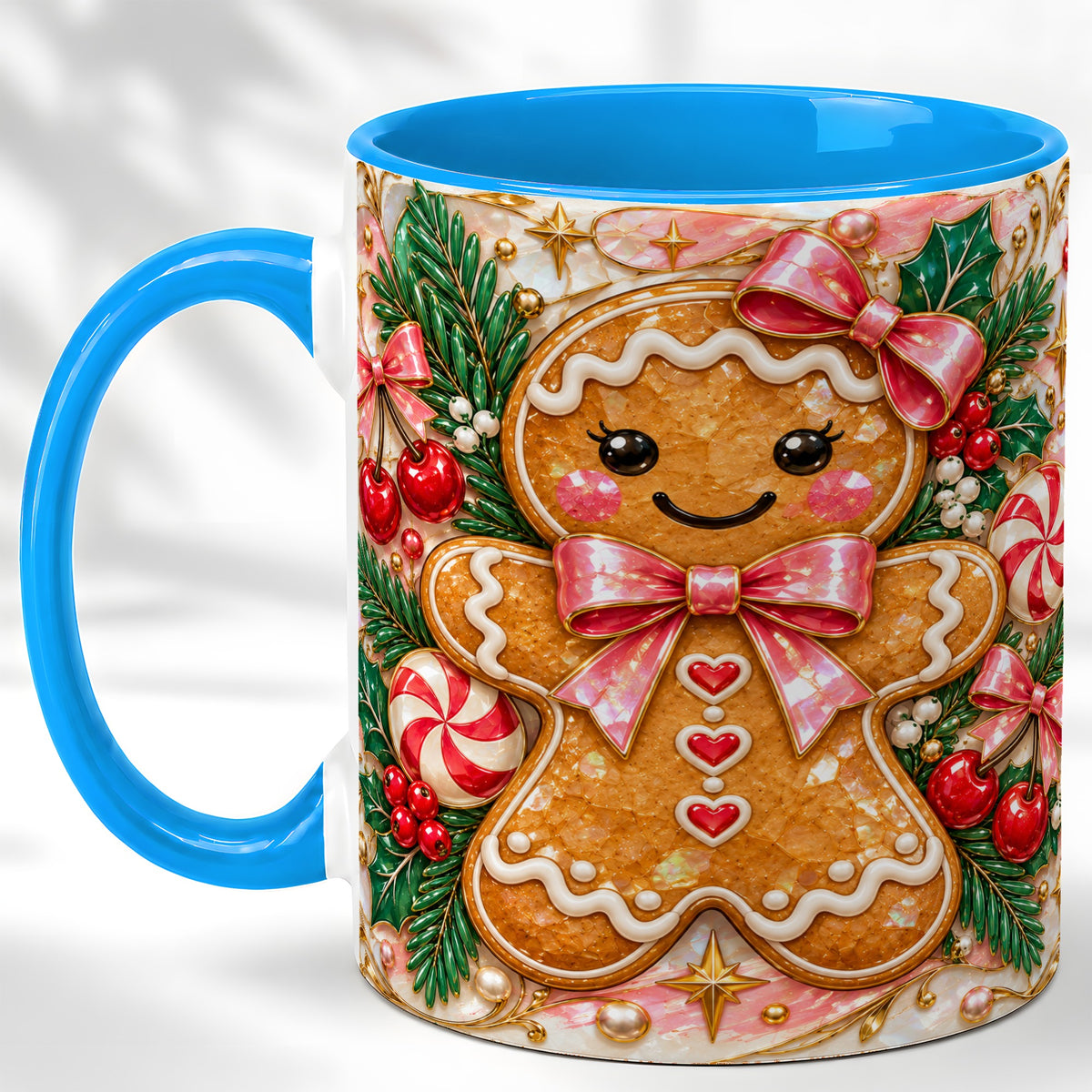 #pl[11oz|Blue] Gingerbread Christmas Coffee Mug, Pink Bow Mug, Ceramic Cup