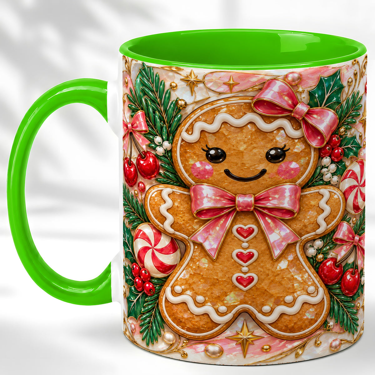 #pl[11oz|Green] Gingerbread Christmas Coffee Mug, Pink Bow Mug, Ceramic Cup