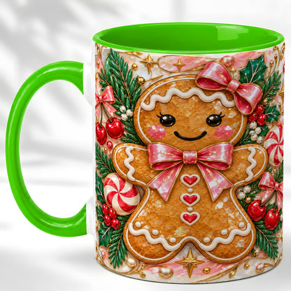 #pl[11oz|Green] Gingerbread Christmas Coffee Mug, Pink Bow Mug, Ceramic Cup