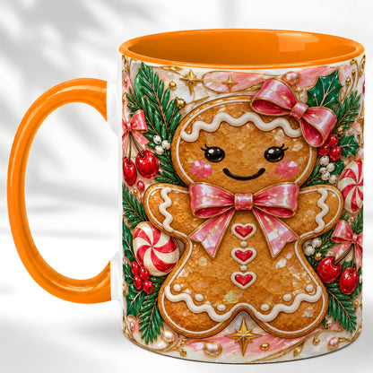 #pl[11oz|Orange] Gingerbread Christmas Coffee Mug, Pink Bow Mug, Ceramic Cup